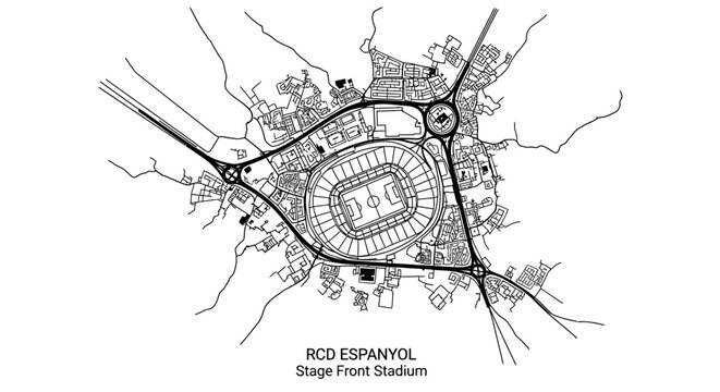RCD Espanyol Stage Front Stadium Map with Surrounding Roads, Detailed Urban Planning Outline Illustration on Isolated White Background.