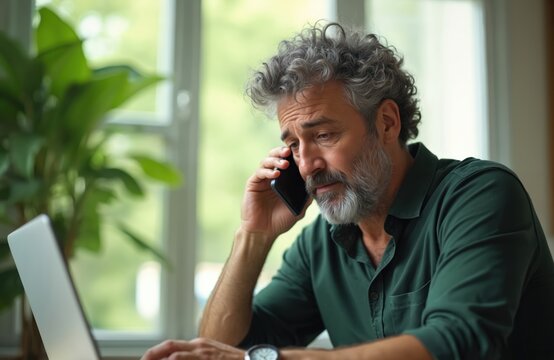 Bearded man talks on cell phone looking at laptop. Appears stressed, concerned about work. Indoors at desk, person uses modern tech for business. Green shirt guy looks worried. At home office.