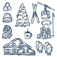 Winter sports and cozy cabin illustration