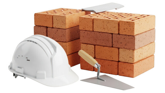 Construction tools and bricks isolated on white background
