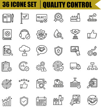 Quality control icon set with editable line style vector symbols for inspection, evaluation, product testing, certification, quality assurance, defect detection, manufacturing process, standards compl