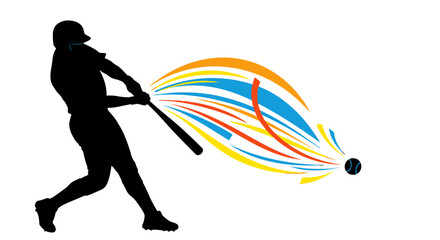 Baseball Player Hitting Ball with Bat Silhouette.