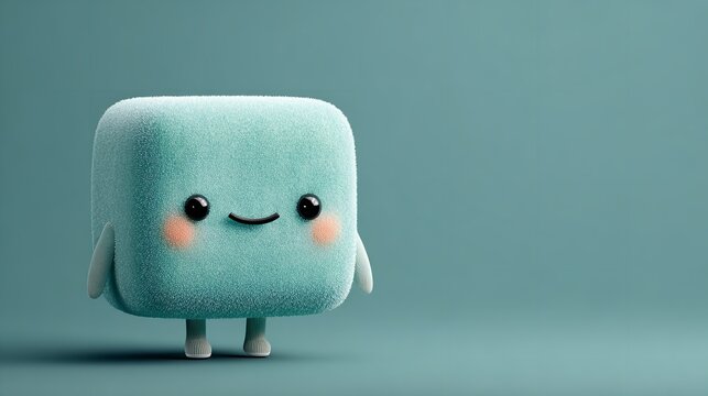 Cute fuzzy cyan cube mascot character standing against teal background