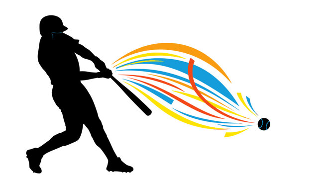 Baseball Player Hitting Ball with Bat Silhouette.
