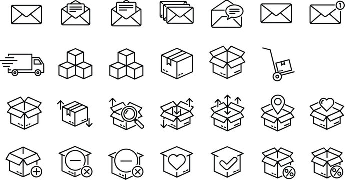 Set of outline icons for mail delivery and package handling services envelope email