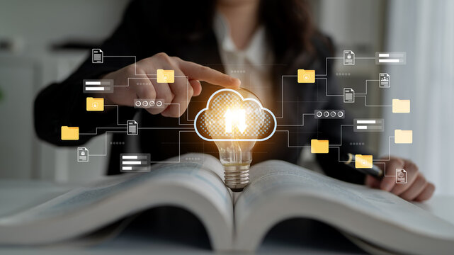 Innovative cloud computing concept featuring a light bulb emerging from a book, symbolizing synergy between technology and fresh ideas in the business landscape. Gantry