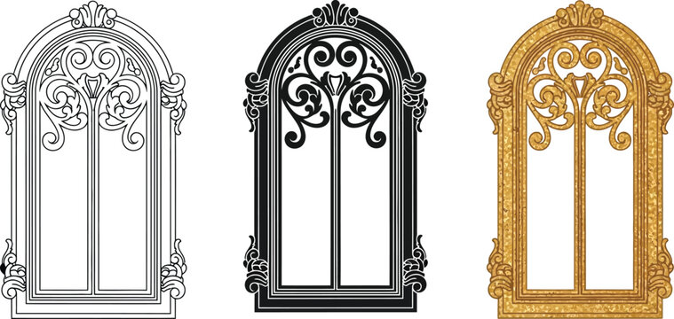 Collection of ornate arched windows in vector format featuring intricate scrollwork and decorative elements for architectural design and vintage themes