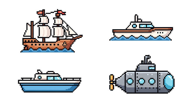 A vibrant pixel art collection showcasing various watercraft, including a classic sailing ship, modern motorboats, and a detailed submarine, perfect for retro game design and digital projects.