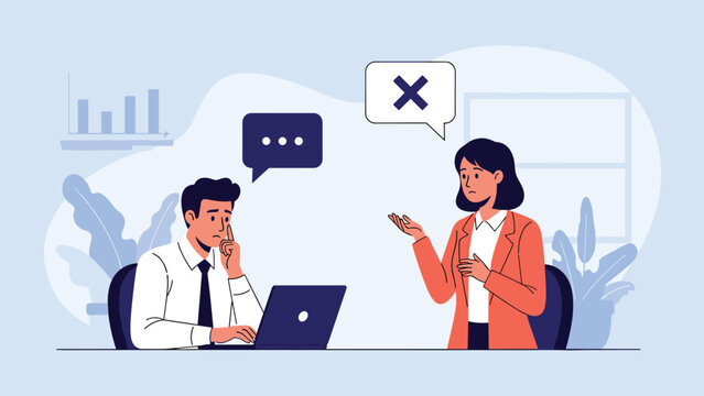 Female manager gesturing rejection with a cross sign while a male employee looks worried at his laptop during a work meeting.