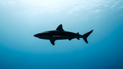 Fototapeta premium Silhouette of a large, dark shark swimming powerfully through the bright blue tropical ocean water towards the sunlit surface from the deep depths below.