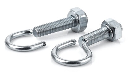 Close-up studio shot of two threaded metal bolts with attached hook-shaped end