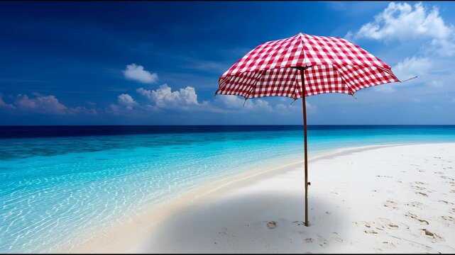 A red and white checkered umbrella stands on a pristine white sand beach, casting a shadow on the sand.