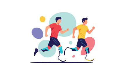 Obraz premium Two male athletes with prosthetic running blades race forward with determination against a backdrop of colorful abstract circles.
