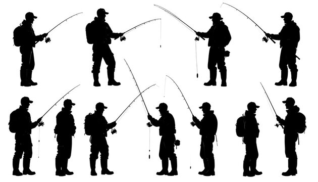 Silhouetted figures of anglers casting fishing lines, various poses, black and white