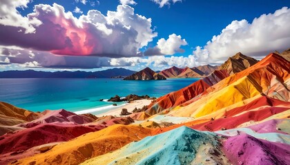 Vivid scene featuring rainbow-hued mountains, turquoise ocean, white beach, and dynamic clouds