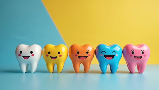 Five cartoon teeth characters sit in a row smiling. Colors include white, yellow, orange, blue, and pink. This image is for dental care and children oral health awareness.