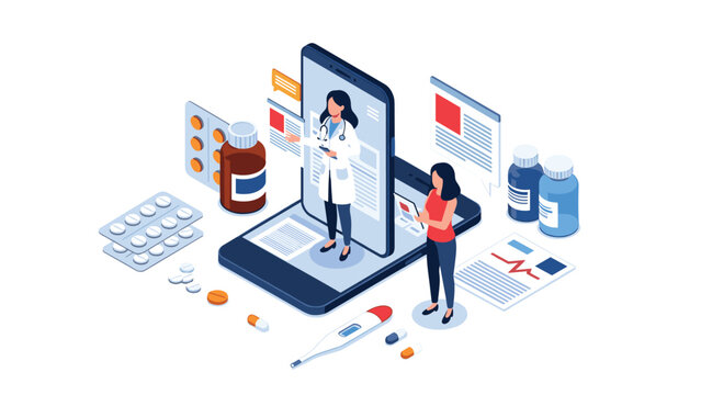Isometric illustration of a telemedicine app showing a female doctor on a smartphone screen surrounded by medicines and reports.