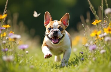Fototapeta premium Joyful french bulldog puppy runs through a sunny meadow. Small dog chases butterfly past colorful wildflowers. Cute pet explores green grass field with open mouth.