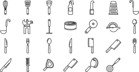 Collection of kitchen utensil line art icons on white background whisk spatula © MDBENJIR