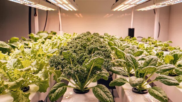 Indoor Hydroponic Farm Fresh Greens LED Lights Urban Farming.
