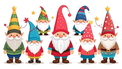 Colorful illustration of adorable garden gnomes with various hats and festive attire
