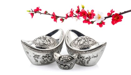 Asian-themed silver ingots with red blossoming branch