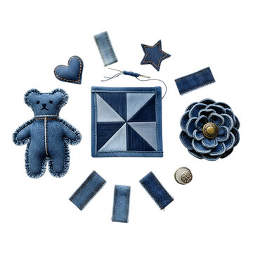 Denim crafts isolated on white background, including a bear, heart, and flower