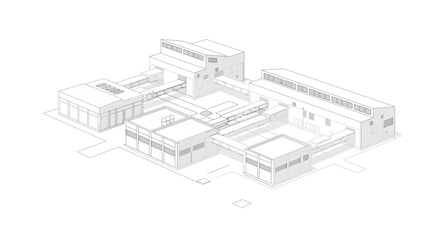 Isometric architectural drawing of a complex of interconnected industrial buildings with skylights and large windows.
