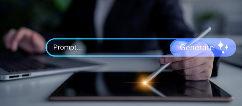 A business professional interacts with a digital tablet, using a stylus to create designs. The glowing prompt box suggests a focus on innovation and creativity in a modern workspace. Gantry