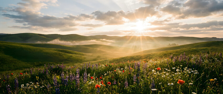 Beautiful Green Meadow Landscape with Wildflowers at Sunrise