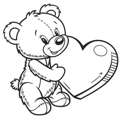 Fototapeta premium Adorable cartoon teddy bear sitting and carefully holding a large empty heart shape outline perfect for coloring activities and sweet valentine designs