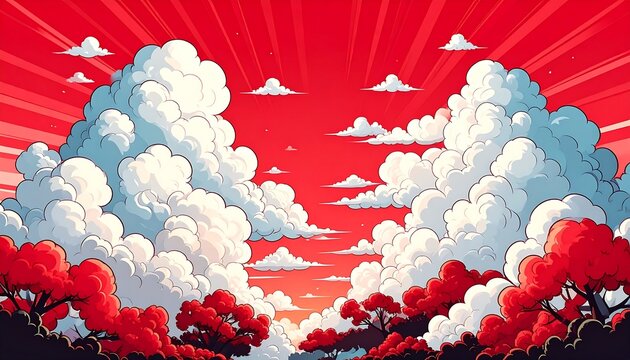 Dramatic red sky with stylized white clouds and vibrant red trees in a Japanese anime art style.