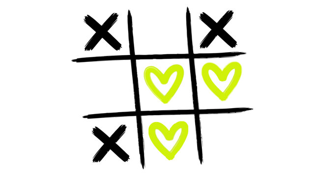 Hand drawn tic tac toe game with hearts and X's on white
