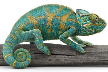 Fototapeta premium Vibrant chameleon on a log against a white background wildlife portrait