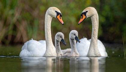 Close-up of a swan family with two adults and their two gray cygnets on the water