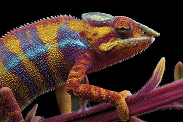 Obraz premium Vibrant chameleon perched on a branch against a dark background