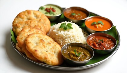 Fototapeta premium South Indian meal on steel thali. Includes rice, poori bread, curries, and chutneys served on banana leaf. Traditional cuisine offers savory, spicy flavors for vegetarian dining.