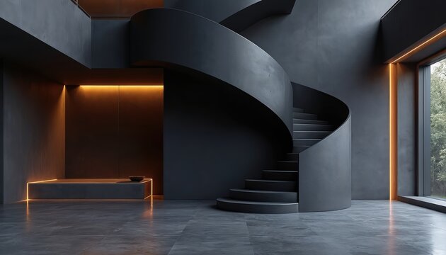Minimalist modern interior with dark grey walls and a curved spiral staircase. Warm orange accent lights highlight concrete floor and entryway platform. Large window shows green trees outside.