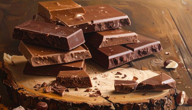 A stack of assorted chocolate bars on a rustic wooden surface, with crumbs scattered
