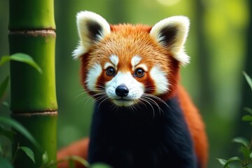 Curious red panda eyes peering from bamboo thicket, soft light , flora, woodland, photography