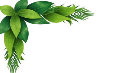 Obraz premium Tropical leaves corner decoration with vibrant green foliage on a white background, perfect for summer and exotic themes.