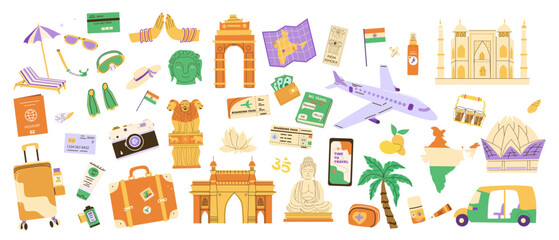 Travel to India vector elements set. Summer Vacation in India, Planning and Plane Tickets, Indian landmarks and luggage, camera. Travel stickers set in cartoon flat style isolated on white.