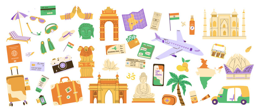 Travel to India vector elements set. Summer Vacation in India, Planning and Plane Tickets, Indian landmarks and luggage, camera. Travel stickers set in cartoon flat style isolated on white.