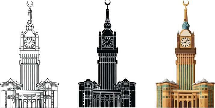 Collection of Makkah Clock Tower illustrations including outline silhouette and colored vector designs for travel and architectural concepts isolated on white