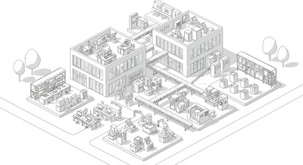 Obraz premium Isometric illustration of a modern factory complex with automated machinery and office spaces, showcasing industrial production and technological integration.