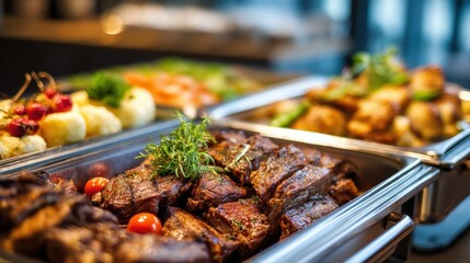 Delicious buffet spread with juicy roasted meats and fresh vegetables in stainless steel trays.