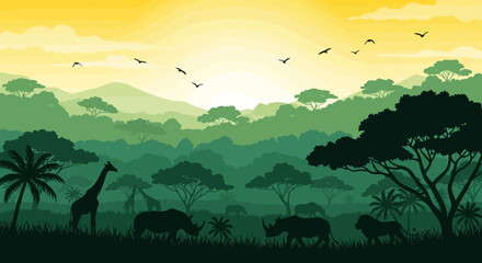 Serene African savannah landscape with animals at sunset.