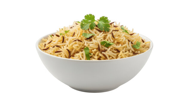 Bowl of fragrant basmati rice with cumin seeds and cilantro isolated on transparent