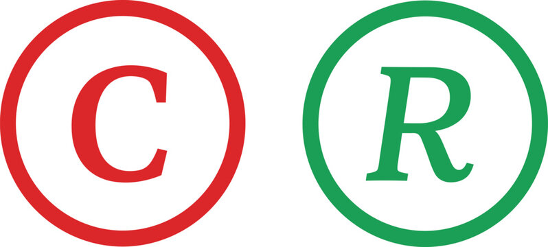 Red copyright symbol and green registered symbol on white background Keywords: copyright symbol, C in circle, registered symbol