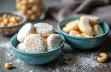 Round and crescent cookies dusted with powdered sugar sit in blue bowls. Cashew nuts in background. Homemade sweet pastry perfect for tea time or holidays.
